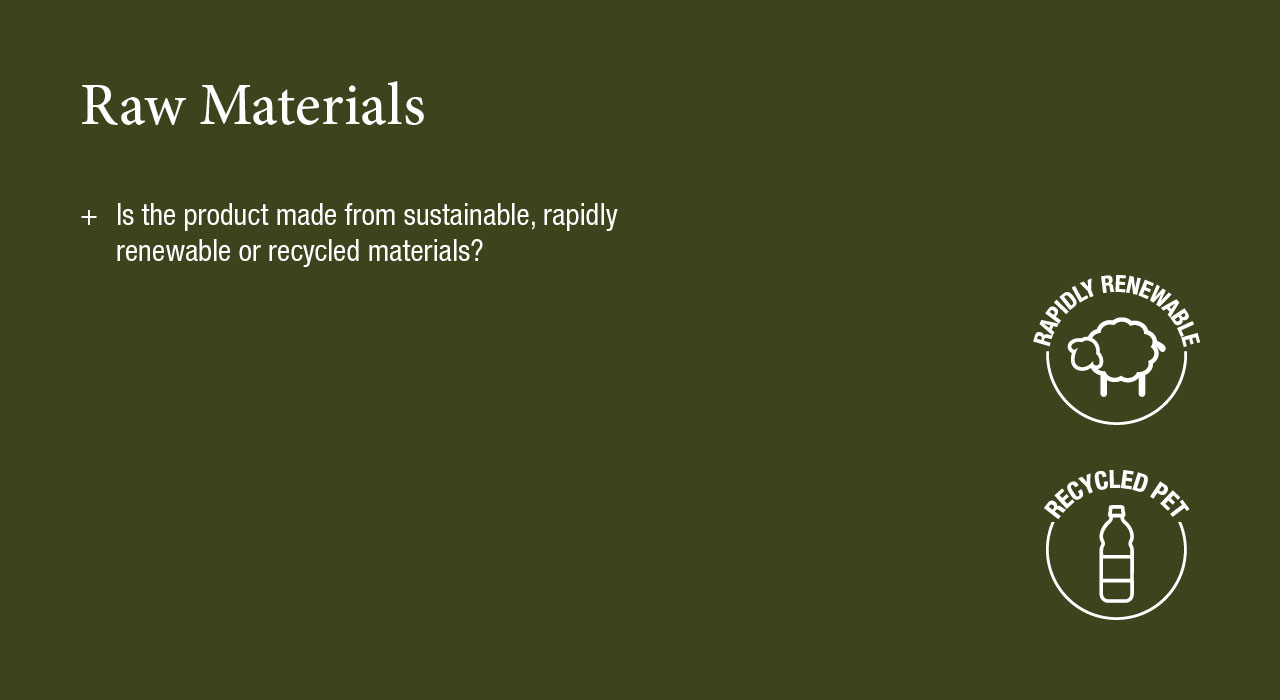 Raw Materials
Is the product made from sustainable, rapidly renewable or recycled materials?